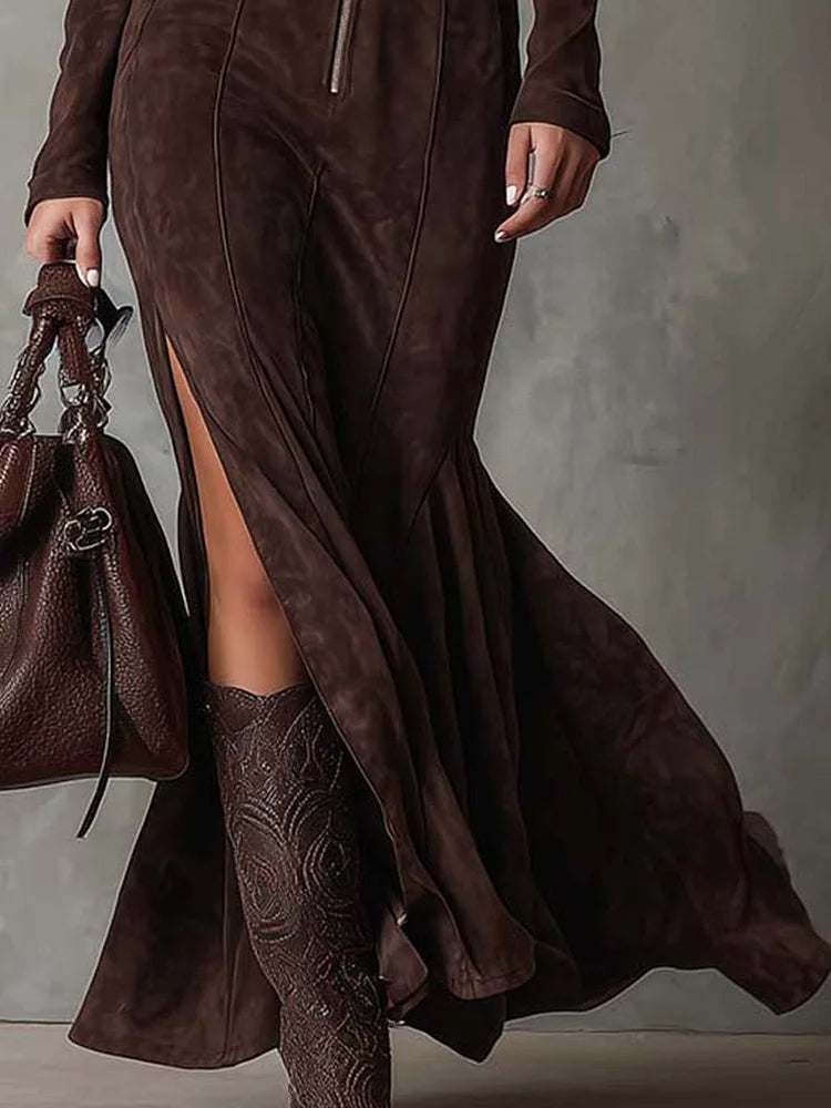 Vintage Brown Zipper Belted Maxi Dress(Includes belt)